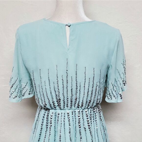 ASOS Sage Green Chiffon Sequin Flutter Sleeve Keyhole A-line Formal Dress 2 - Picture 13 of 16